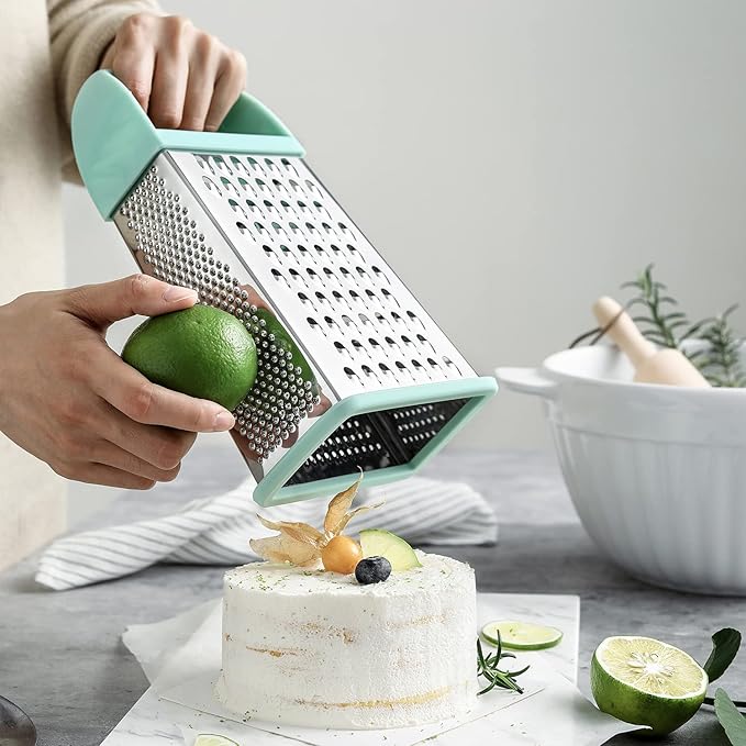 Spring Chef Professional 10" Parmesan Cheese Grater With Container, Stainless Steel & Soft Grip Handle, Handheld Kitchen Cheese Shredder, Box Grater with 4 Sides for Potato, Carrot, Veggie - Mint