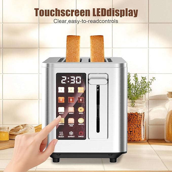 Touch Screen Toaster 2 Slice, Stainless Steel Toasters Digital Timer 2 Slot Toasters, 6 Shade Settings 6 Bread Types for Bagel,Defrost（304 Stainless Steel）