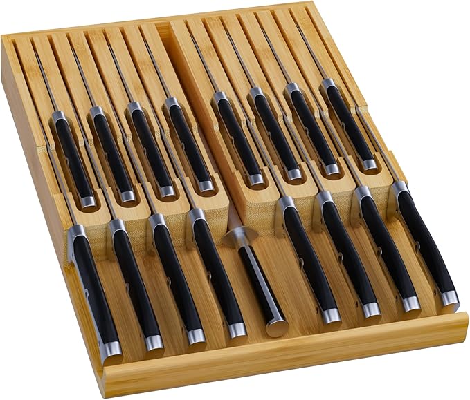 Domax Bamboo In-drawer Knife Block - Knife Drawer Organizer Insert Large Handle Steak Knife Holder, Kitchen Drawer Knife Organizer Fits for 16 knives and 1 Sharpening Steel (Not Included), Natural