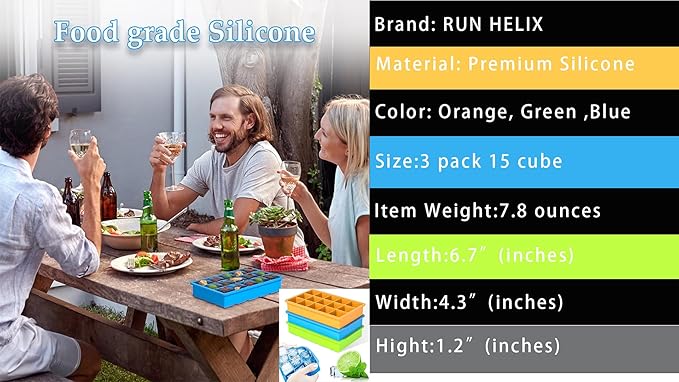 Ice Cube Tray, 3 Pack Silicone Ice Tray Easy-Release Flexible 15 Ice Cube Molds, Stackable Ice Trays for Freezer, Ice Cube Size 1.2 IN for Cocktail, Whiskey, Juice, Baby Food, BPA Free