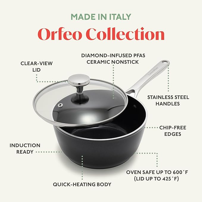 Orfeo 2.4QT Nonstick Saucepan with Lid, Made in Italy, Diamond Ceramic PFAS-Free Cookware, Induction Ready, Scratch Resistant, Laser-Fused Surface for Durability, Dishwasher Safe, Black