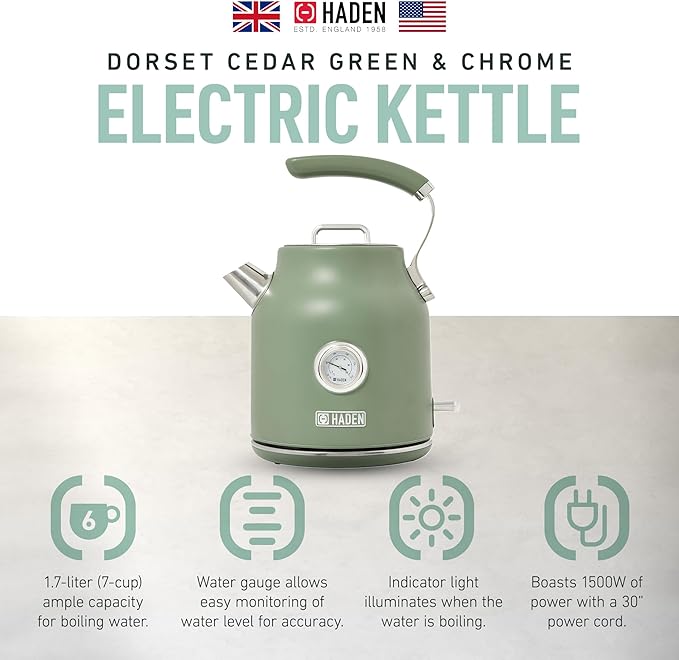 Haden Dorset 1.7 Liter Stainless Steel Electric Kettle, Hot Water Kettle with 360-Degree Base and Auto Shutoff, Cedar Green & Chrome