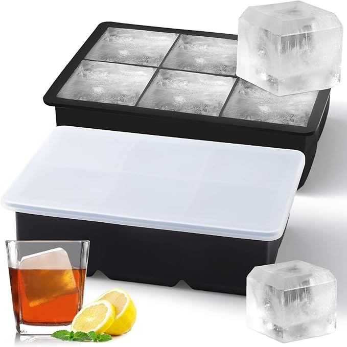 Ice Cube Trays Silicone,2 Pack Large Square Ice Cube Molds with Removable Lids,Stackable Big Ice Trays for Freezer,Ice Maker Reusable and BPA Free for Whiskey, Cocktail, Chilled Drink