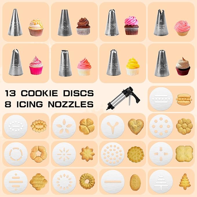 Cookie Press, Cookie Press Gun for Baking, Spritz Cookie Press, Stainless Steel Churros Maker Machine Kit, with 6 Brushes, 13 Cookie Discs, 8 Icing Nozzles, for Cookie Decorating