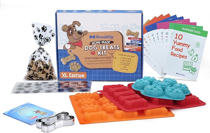 BoneItUp Dog Treat Making Kit – All-in-One DIY Cookie Set with Reusable 3 Silicone Dog Treat Molds, 3 Cutters, 10 Recipes & Gift Bags – Make Healthy Homemade Treats for Dogs, XL Kit for Big Dogs