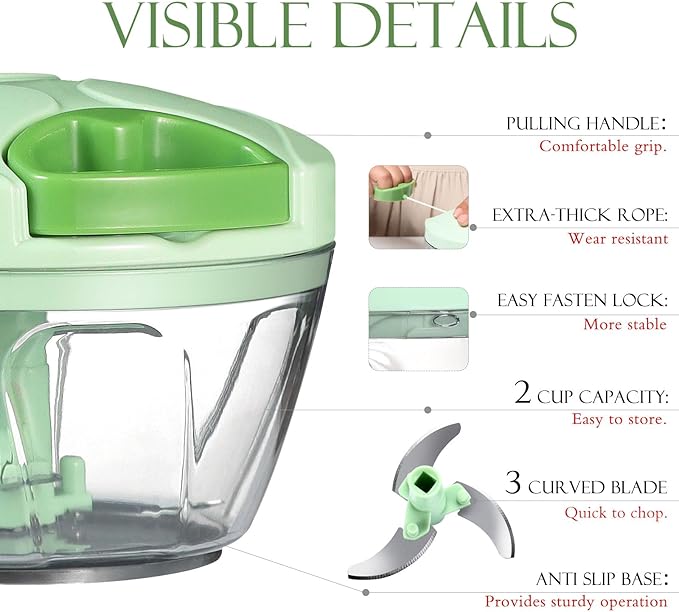 Ourokhome Manual Food Processor Vegetable Chopper, Portable Hand Pull String Garlic Mincer Onion Cutter for Veggies, Ginger, Fruits, Nuts, Herbs, etc., 500ml, Green