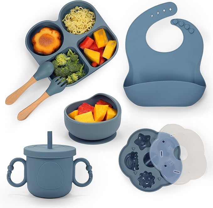 Silicone Feeding Set, Led Weaning Supplies, Food Tableware Suction Plate, Bowl, Spoons, Fork, Waterproof Bib, Cup & Complementary Food Cake Mold, Baby Eating Utensils