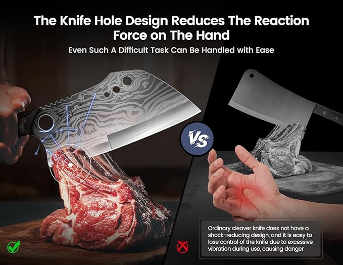 Meat Cleaver Chef Knife with Sheath, 7.7 Inch Butcher Knife with Herb Stripper, Chopping Knife Heavy Duty Bone Cutting, Damascus Pattern Full Tang Wood Handle, Birthday Gift for Men