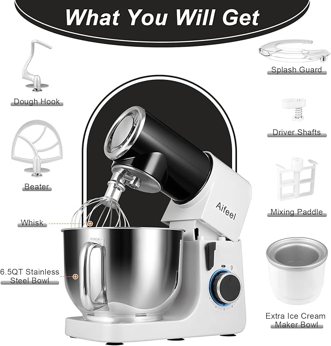 Aifeel Stand Mixer, 6.5QT Mixer with Ice Cream Maker Attachments, Kitchen Electric Mixer Multifunctional Bread Dough Mixer with Dough Hook,Whisk & Beater, Food Mixer for Baking (Black-White)