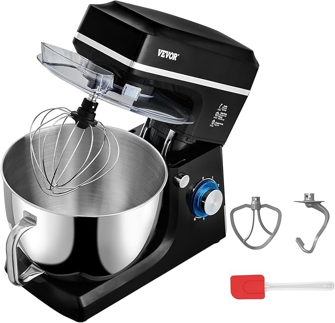 VEVOR Stand Mixer, 8.3QT Dough Mixer, 660W 6+P Speeds Tilt-head Food Mixer with Stainless Steel Bowl, Dough Hook, Wire Whip, Flat Beater, Scraper, Household Stand Mixer for Baking & Mixing, Black