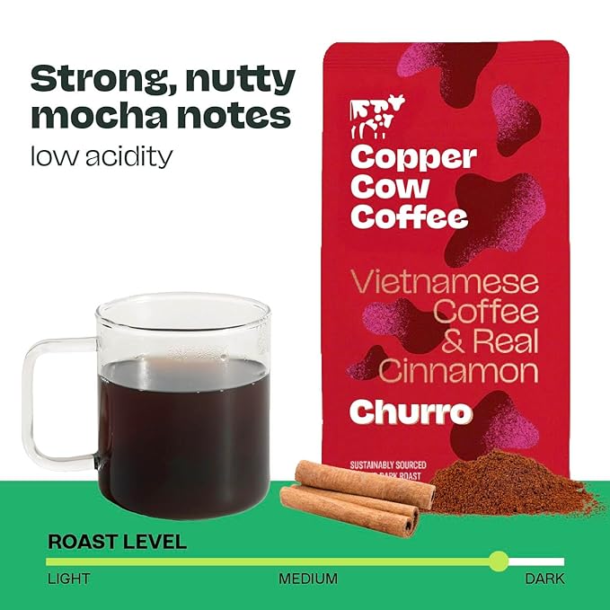 Copper Cow Premium Vietnamese Ground Coffee, 24 OZ | Churro Flavored Coffee | Dark Roast Made with Real Cinnamon | Vietnamese Coffee