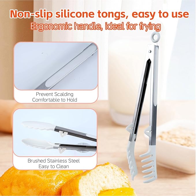 Kitchen Tongs,Set Of 3 Tongs with Silicone Tip for Cooking 9/12 Inch Stainless Steel Kitchen Tong for Meat,Food Grill,Salad,BBQ,Frying,Serving,Dishwasher (White, 9 Inch)