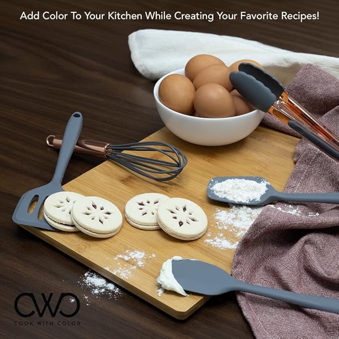 COOK WITH COLOR Silicone Cooking Utensils, Kitchen Utensil Set, Easy to Clean Silicone Kitchen Utensils, Cooking Utensils for Nonstick Cookware, Kitchen Gadgets Set, Mini, Gray