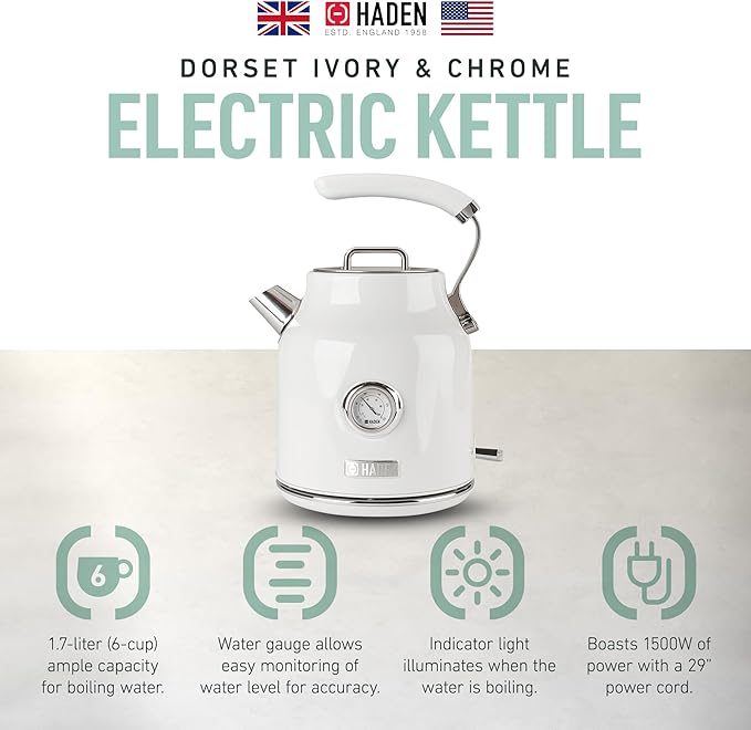 Haden Dorset 1.7 Liter Stainless Steel Electric Kettle, Hot Water Kettle with 360-Degree Base and Auto Shutoff, Ivory & Chrome