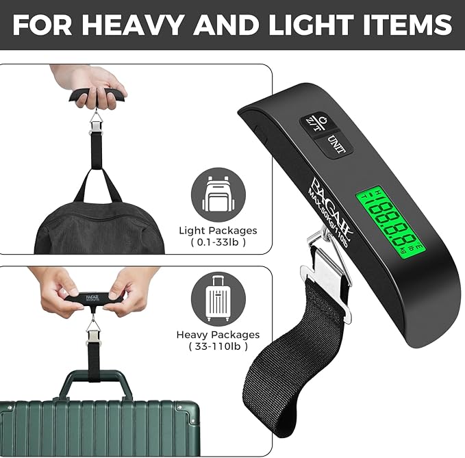 BAGAIL Digital Luggage Scale, 110lbs Hanging Baggage Scale with Backlit LCD Display, Portable Suitcase Weighing Scale, Travel Luggage Weight Scale with Hook, Strong Straps for Travelers