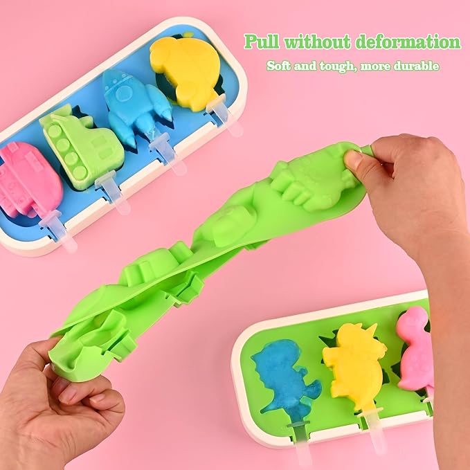 Sakolla 2 Pack Silicone Popsicle Molds with Sticks & Lid, 4-Cavity Mini Popsicle Molds for Kids - Cars, Ships, Train, Rocket and Dino Shapes (Green & Blue)