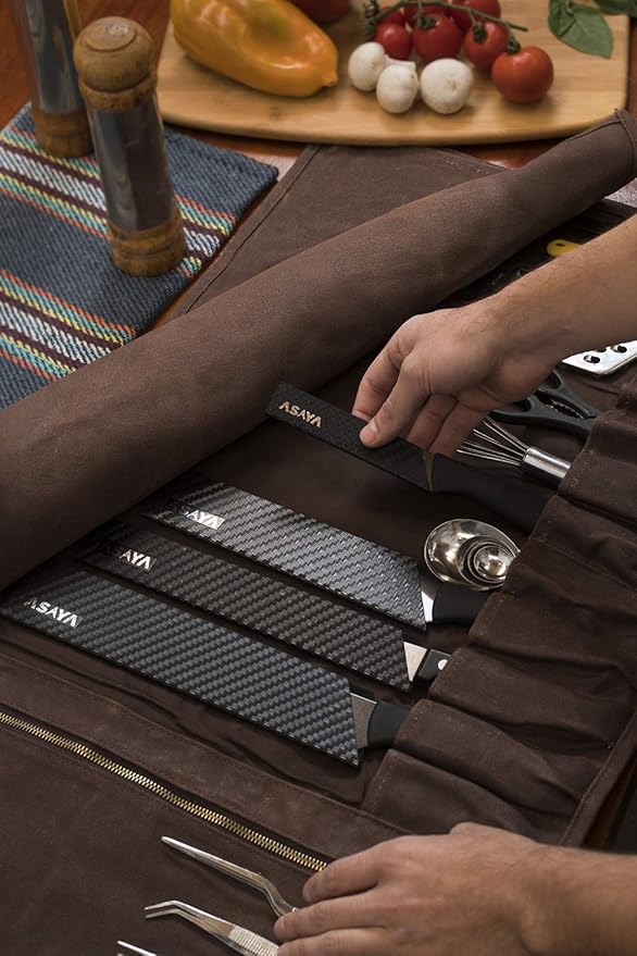 Asaya Waxed Canvas Knife Roll - 15 Knife Slots, Card Holder and Large Zippered Pocket - Genuine Leather, Cloth and Brass Buckles - for Chefs and Culinary Students - Knives Not Included