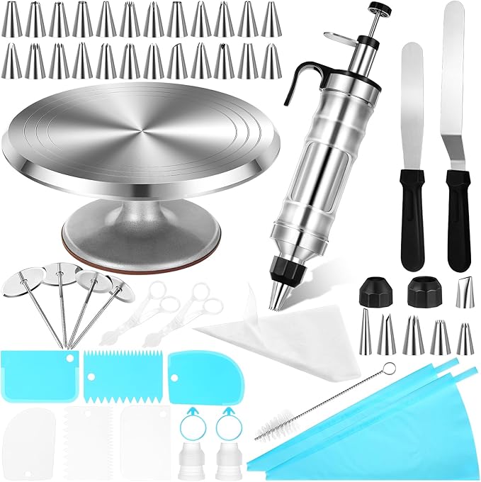 Nuogo 154 Pcs Christmas Aluminum Cake Decorating Tools Kit with 12 Inch Aluminum Cake Turntable, Cakes Decorting Gun with 6 Head, 34 Pcs Cakes Decorting Set, 11 Cream Spatula Set, 100 Cream Piping Bag