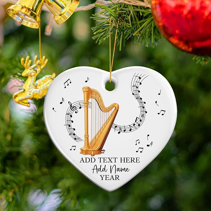 Customized Harp Music Instrument Ceramic Ornaments, Personalized Text Name Year Harpist Christmas Ornament, 2025 Xmas Ornament Gift for Harp Player Teacher Student, Musician Xmas Decorations