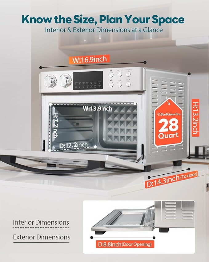 28QT Air Fryer Toaster Oven Combo, Large 12-in-1 Convection Countertop Oven with 3-Layer Cooking, Rotisserie for Chicken, 6 Heating Tubes, Fast Preheat, Fit 11" Pizza, All Accessories, Stainless Steel