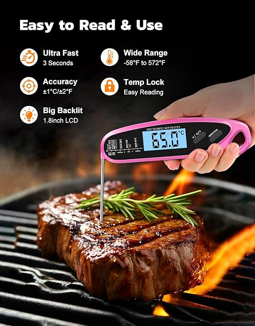 Instant Read Meat Thermometer Digital for Cooking & Grilling with Dual Probe, Big Backlit Screen & Auto-Calibration, Food Thermometer for Grill, Smoker, BBQ, Oven, Candy, Oil Fry - Pink