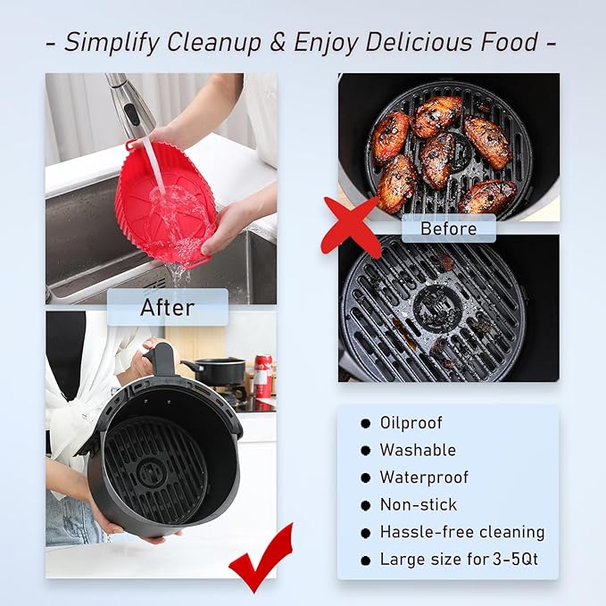 Silicone Liners, Pot 2 Pcs Reusable Non-Stick Air Fryer Basket Bowl Fit 3-5QT Baking Replacement of Flammable Parchment Paper(Round, 6.5 Inch)