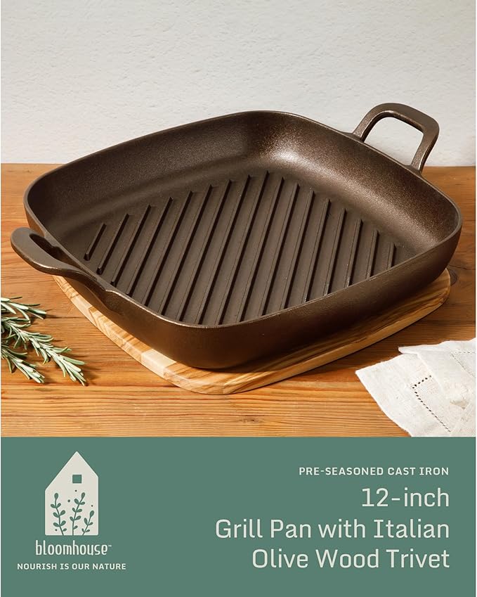 Bloomhouse Natural Bronze Finish 12-Inch Square Cast Iron Grill Pan – Olive Oil Treated Surface with Dual Handles & Olive Wood Trivet, Oven, Grill & Campfire Safe