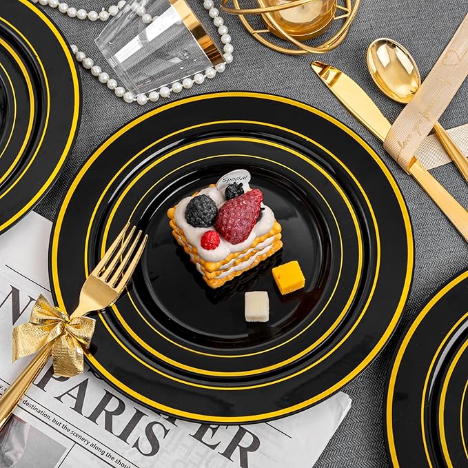 bUCLA 150 Pieces Black and Gold Disposable Dinnerware Set - 25 Guests Black Gold Plastic Plates Include 25 Dinner & 25 Dessert Plates, 25 Spoons, 25 Forks, 25 Knives, 25 Cups for Party & New Year