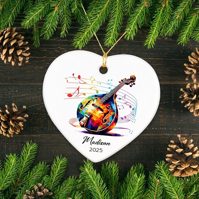 Personalized Name & Year Mandolin Ceramic Ornament Gifts for Music Lovers, Mandolin Player Xmas Tree Ornaments, Custom Mandolinist Ornaments 2025, Instrument Ceramic Ornament Decor Christmas Hanging