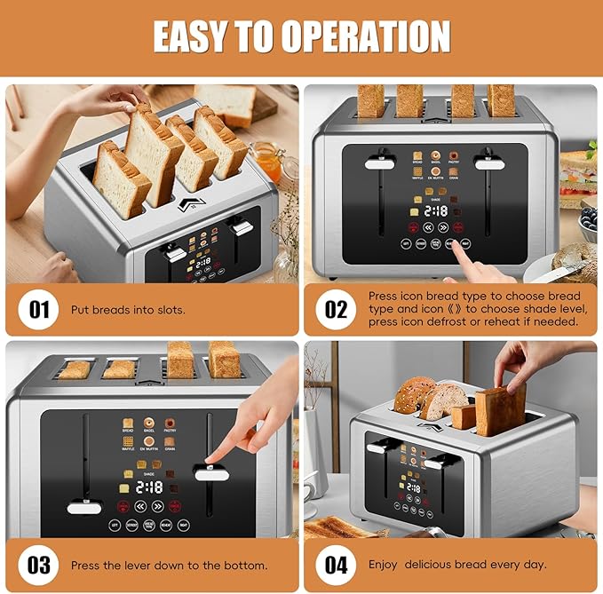 Touch screen Toaster 4 slice,Stainless Steel Digital Timer Toasters with Sound/Screen-Off Function,6 Bread Types & Shade Settings,Smart 1.5 Wide Slots Toaster with Bagel,Defrost,Stainless Steel
