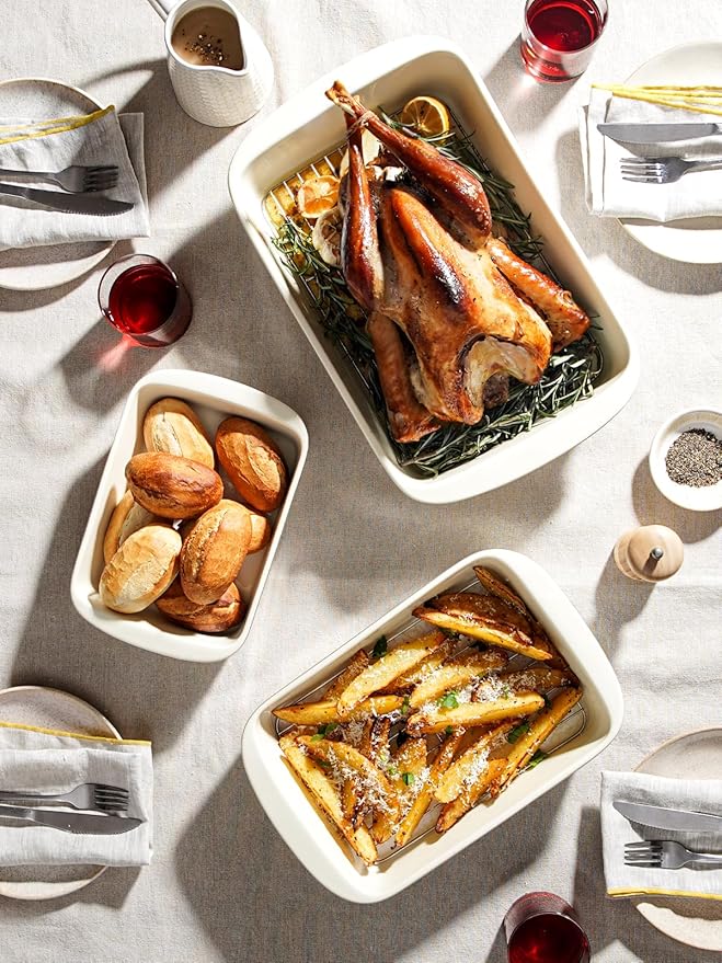 LE TAUCI Deep Casserole Dishes for Oven, 13.7”x9.6” Ceramic Baking Dish Set with Roasting Racks, Large Lasagna Pans with Handles, Rectangular Bakeware as Gift for Mom, Oatmeal Greige (4.6QT/3.0QT/1.6QT), Set of 3