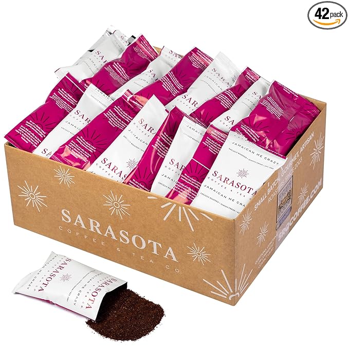 Sarasota Coffee Ground Packets | Gourmet Flavored Medium Roast Bulk Coffee Packs | Jamaican Me Crazy | Low Acid Mold Free Singles Individual Pouches for 12 Cup | 1.5 Ounce Bags, 42 Count