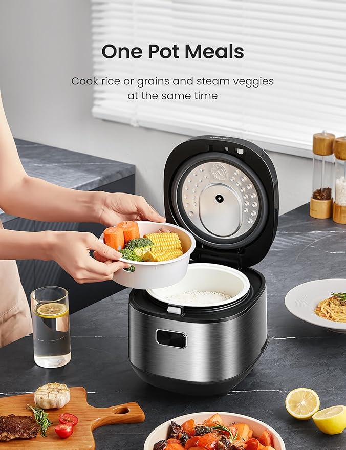 COMFEE' Compact Rice Cooker 8 Cups Cooked/4 Cups Uncooked, 9-in-1 Multi Cooker, Fast Rice Maker, Steam, Brown Rice, Grains, Fuzzy Logic Technology, Grey