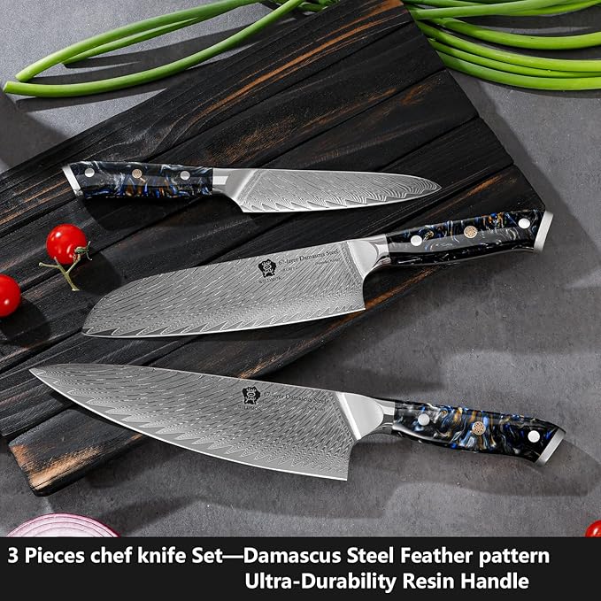 WILDMOK Damascus Kitchen Knife Sets 3 PCS, Japanese Kitchen Knife Set Damascus Steel Core, Ultra-Sharp Professional Chef Knife Set and Full Handle, Gift Box