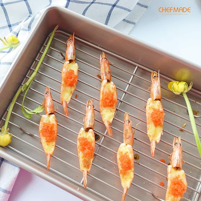 CHEFMADE Roasting Pan with Rack, 13-Inch Non-Stick Rectangular Deep Dish Oven-BBQ Bakeware for Oven Baking 9" x 13" x 2.4" (Champagne Gold)