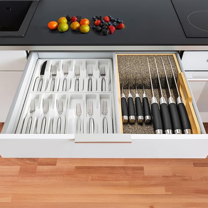 Bamboo Knife Drawer Organizer Insert - Kitchen In-Drawer Knife Block Holder, Flexible Dividers for Knives Organization