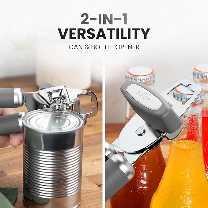 Zulay Kitchen Heavy Duty Stainless Steel Can Opener Manual with Bottle Opener - Rust Proof Manual Can Opener With Turn Knob & Comfy Soft Grip Handles - Light Gray
