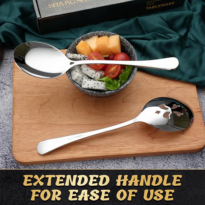 6 Piece Stainless Steel Serving Spoon Set - 3 Large, 3 Slotted,Dishwasher Safe,10-Inch,for Parties/Kitchen/Buffet/Catering