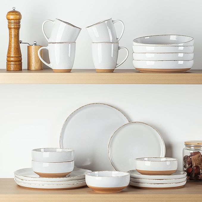 AmorArc 24 Pieces Ceramic Dinnerware Sets for 8, Handpainted Stoneware Plates and Bowls Set with Rustic Terracotta Underside, Scratch Resistant Dishes Set, Dishwasher & Microwave Safe, White