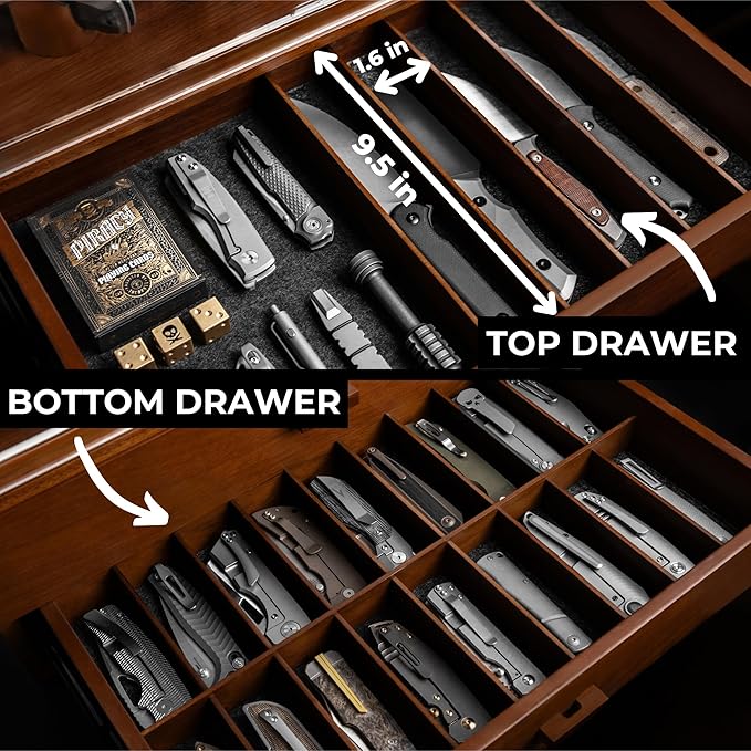 Premium Pocket Knife Display Case for 50 Knives - Extra Large Wooden Knife Organizer, Storage & Holder with Unique Pillars, 2 Drawers - Knife Collection Box - Handcrafted for Men