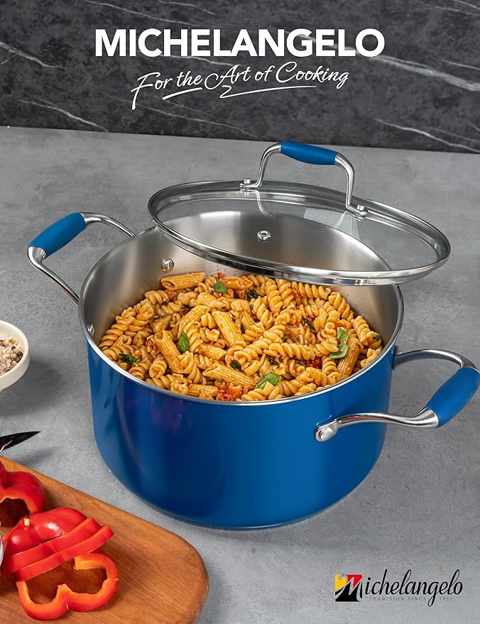 MICHELANGELO Stainless Steel Stock Pots - Induction Soup Pot with Lid, 6 Qt Non-Toxic Cooking Pot, Oven & Dishwasher Safe, Blue Exterior