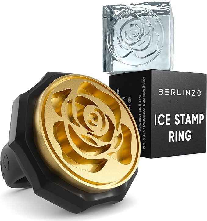 Berlinzo Ice Stamp Ring for Cube & Sphere - Custom Ice Cubes for Whiskey, Mojito Cocktails – Rose Shaped Brass Ice Stamp Rose/ 3mm Depth - Black, is_IMG_4