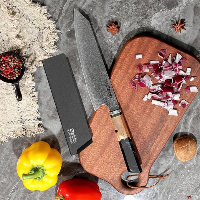 Seido Knives Kiritsuke Damascus Steel Chef Knife Epoxy Resin Stabilized Wood Handle Professional Kitchen Knife VG10 High Carbon Stainless Steel, Night Black