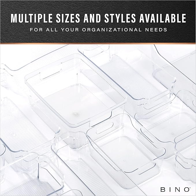 BINO Plastic Storage Containers, Small - 4 Pack THE LUCID COLLECTION, Multi-Use Organizer Bins Built-In Handles BPA-Free Clear, Fridge, Pantry & Home Organization