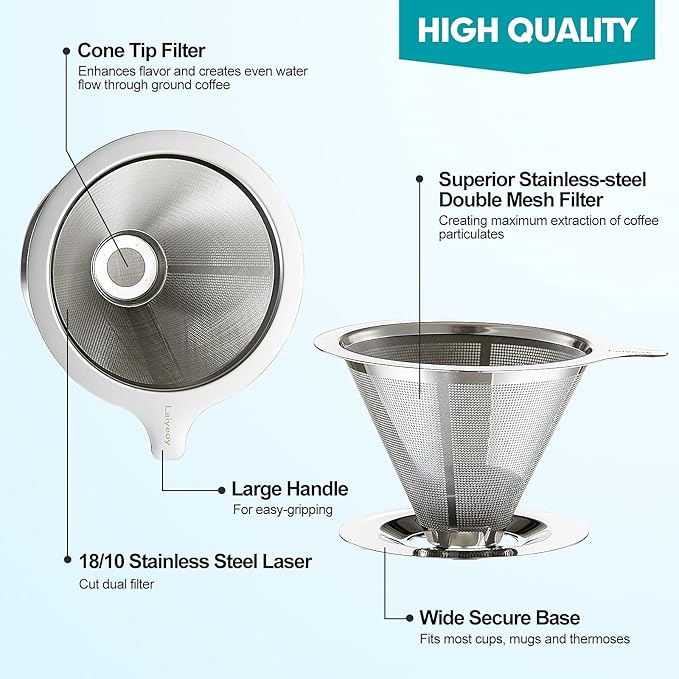 Pour Over Coffee Dripper, Slow Drip Paperless Coffee Filter, Stainless Steel Pour Over Coffee Maker for Single Cup Brew, Double Mesh Design of Manual Reusable Cone Filter.