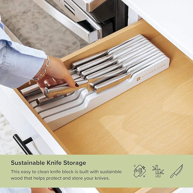 KitchenEdge White Knife Drawer Organizer Insert - Knife Block Holder, Holds 5 Long + 6 Short Knives (Not Included), Fits Most Sizes, Non-Slip Feet, 100% Sustainable Bamboo, Food-Safe White Finish