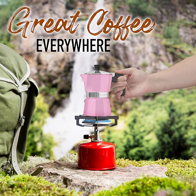 Zulay Moka Pot Espresso Stovetop Coffee Maker - Leak-Proof, Stainless Steel, Easy to Clean, Heat Resistant Handle & Knob - for Authentic Cuban & Italian Style Espresso - Makes 6 Espresso Cups - Pink