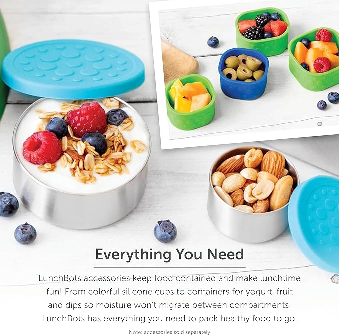 LunchBots Tiny Dips Condiment Containers - Set of 3 - Perfect Portion Cups - Spill Proof Lunch Box Sauce Container with Lid - Food Grade Stainless Steel - 1.5oz - Dishwasher Safe - Assorted Lids
