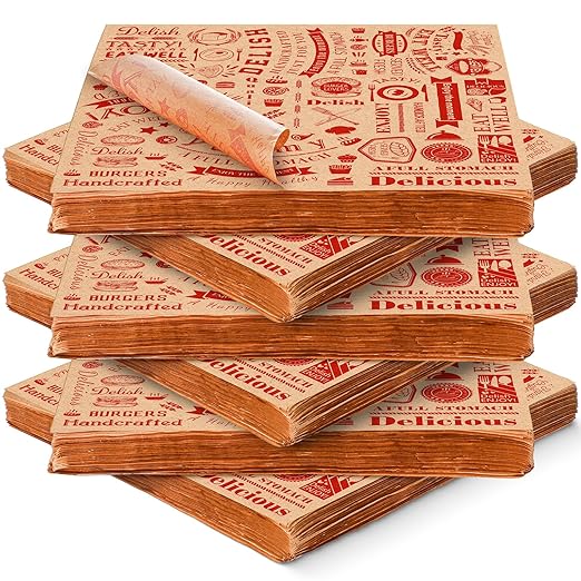 600 Pcs 12 x 12 Inch Deli Wax Paper Sheets Grease Resistant Tray Basket Liners Newsprint Paper Water and Grease Proof Sandwich Wrapping Square Hot Dog Wrappers for Food Baking (Red on Brown)