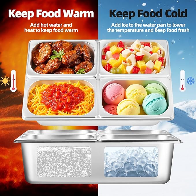 Stainless Steel Ice Food Serving Display Container 6 Pans 3 Ice Packs Cooled Condiment Dispenser Cold Serving Appetizer Buffet Organizer (4 Pans)